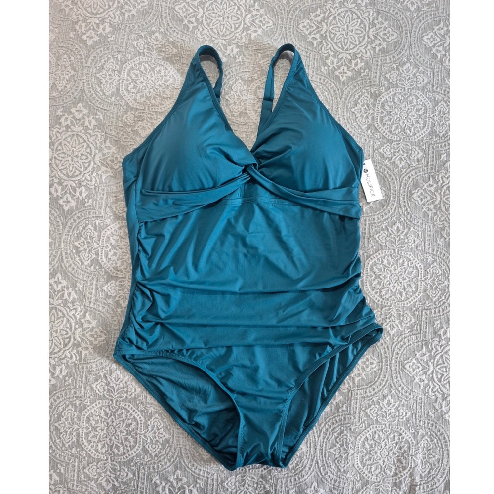 Holipick Teal Blue Ruched Twist Front One Piece Swimsuit Plus Size 22W NWT